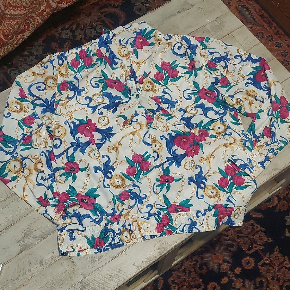 Alfred Dunner Cream Floral & Chain Print Top with Blue Scrolls